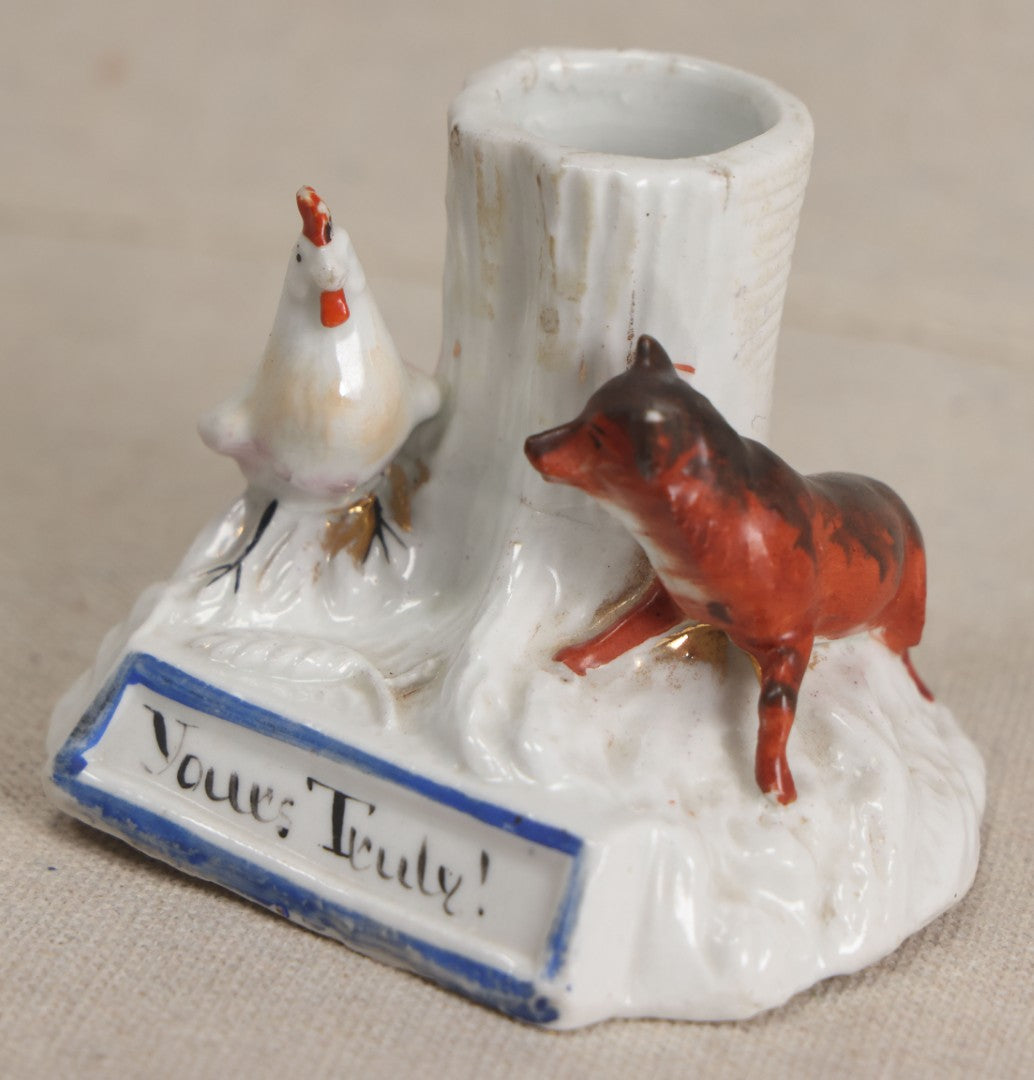 Lot 175 - Antique Staffordshire Porcelain Figural Match Safe With Fox, Chicken, And "Yours Truly!" Inscription