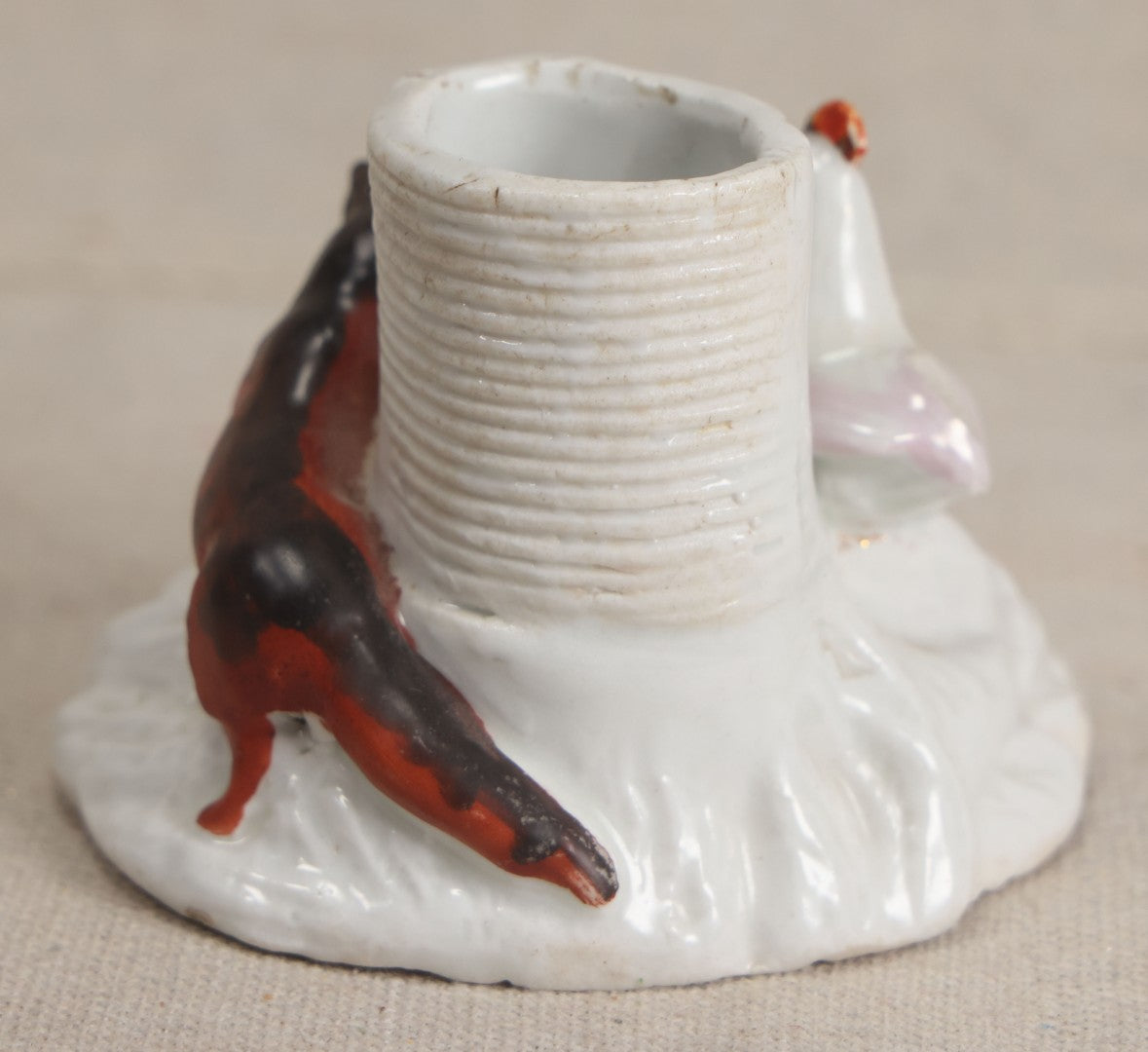 Lot 175 - Antique Staffordshire Porcelain Figural Match Safe With Fox, Chicken, And "Yours Truly!" Inscription