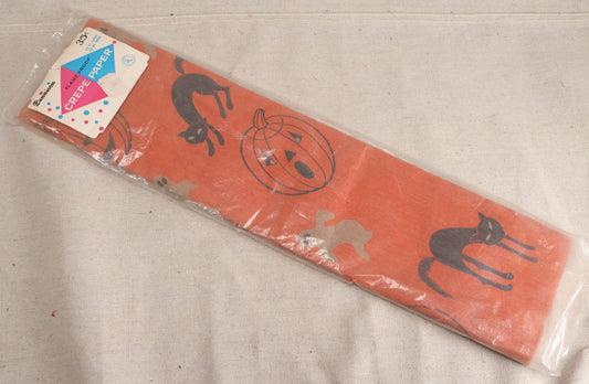Lot 188 - Vintage Orange Dennison Halloween Flame Proof Crepe Paper With Black Cat, Jack-O-Lantern, And Gray Ghost Graphics In Original Packaging