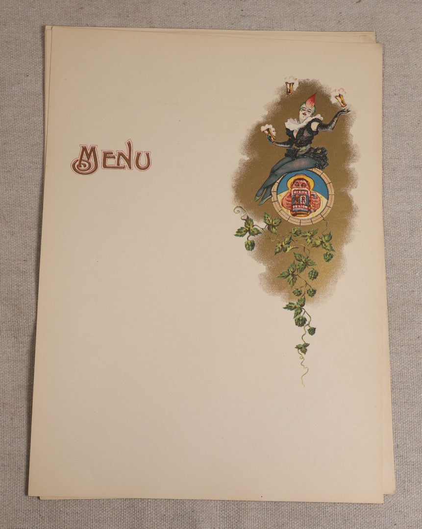 Lot 191 - Grouping Of Five Antique Blank Menu Sheets With "Biere Du Lion" ("Lion Beer") Beer Advertising Graphic, Clown Figure With Beer Glasses And Hop Vine, Plus One Additional Sheet With Losses