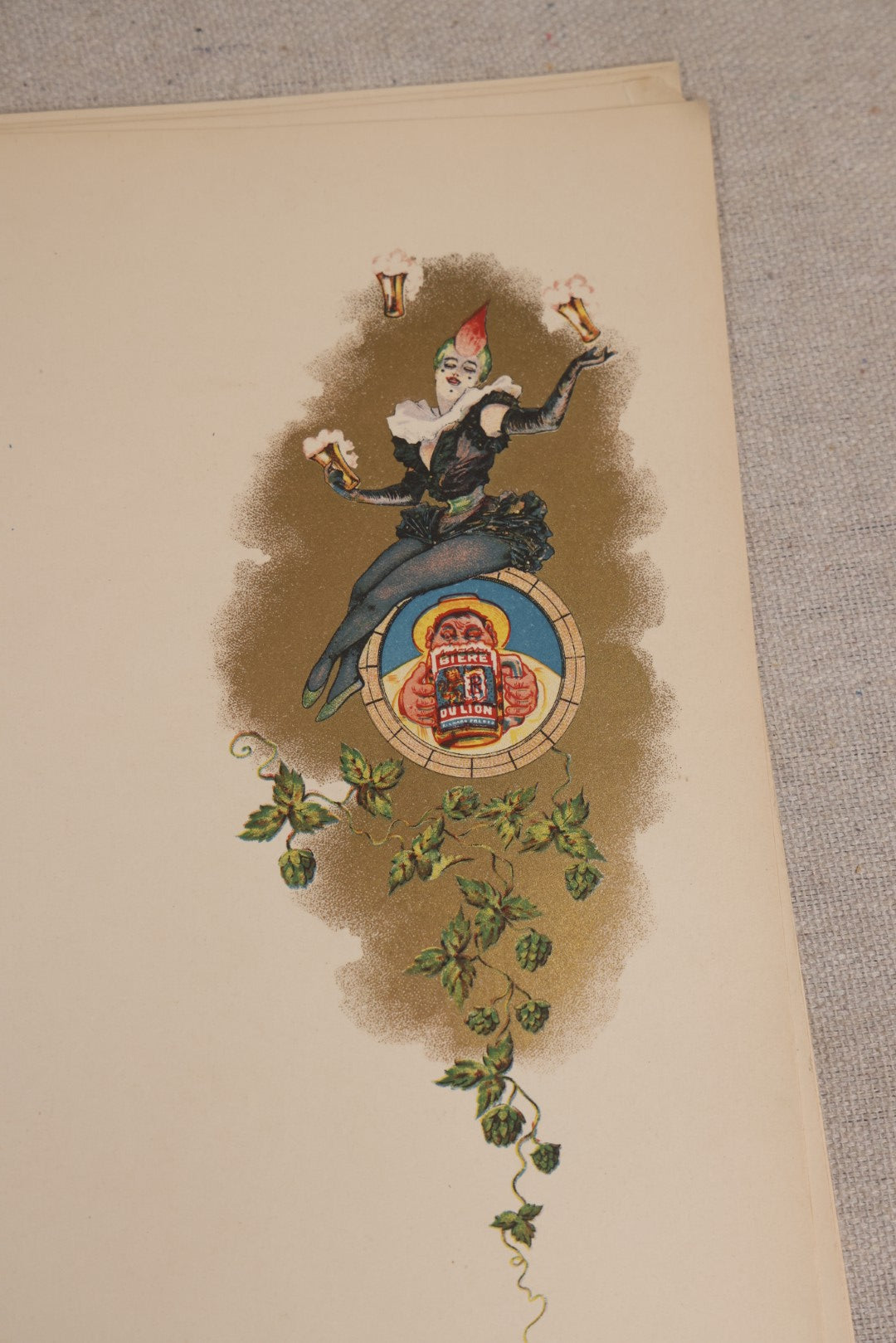 Lot 191 - Grouping Of Five Antique Blank Menu Sheets With "Biere Du Lion" ("Lion Beer") Beer Advertising Graphic, Clown Figure With Beer Glasses And Hop Vine, Plus One Additional Sheet With Losses