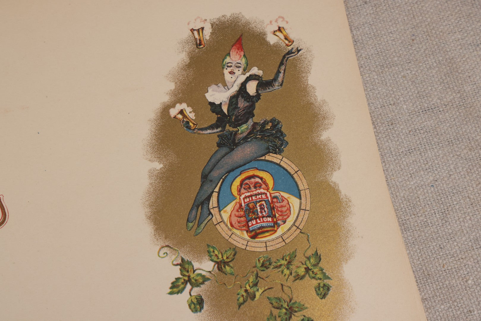Lot 191 - Grouping Of Five Antique Blank Menu Sheets With "Biere Du Lion" ("Lion Beer") Beer Advertising Graphic, Clown Figure With Beer Glasses And Hop Vine, Plus One Additional Sheet With Losses