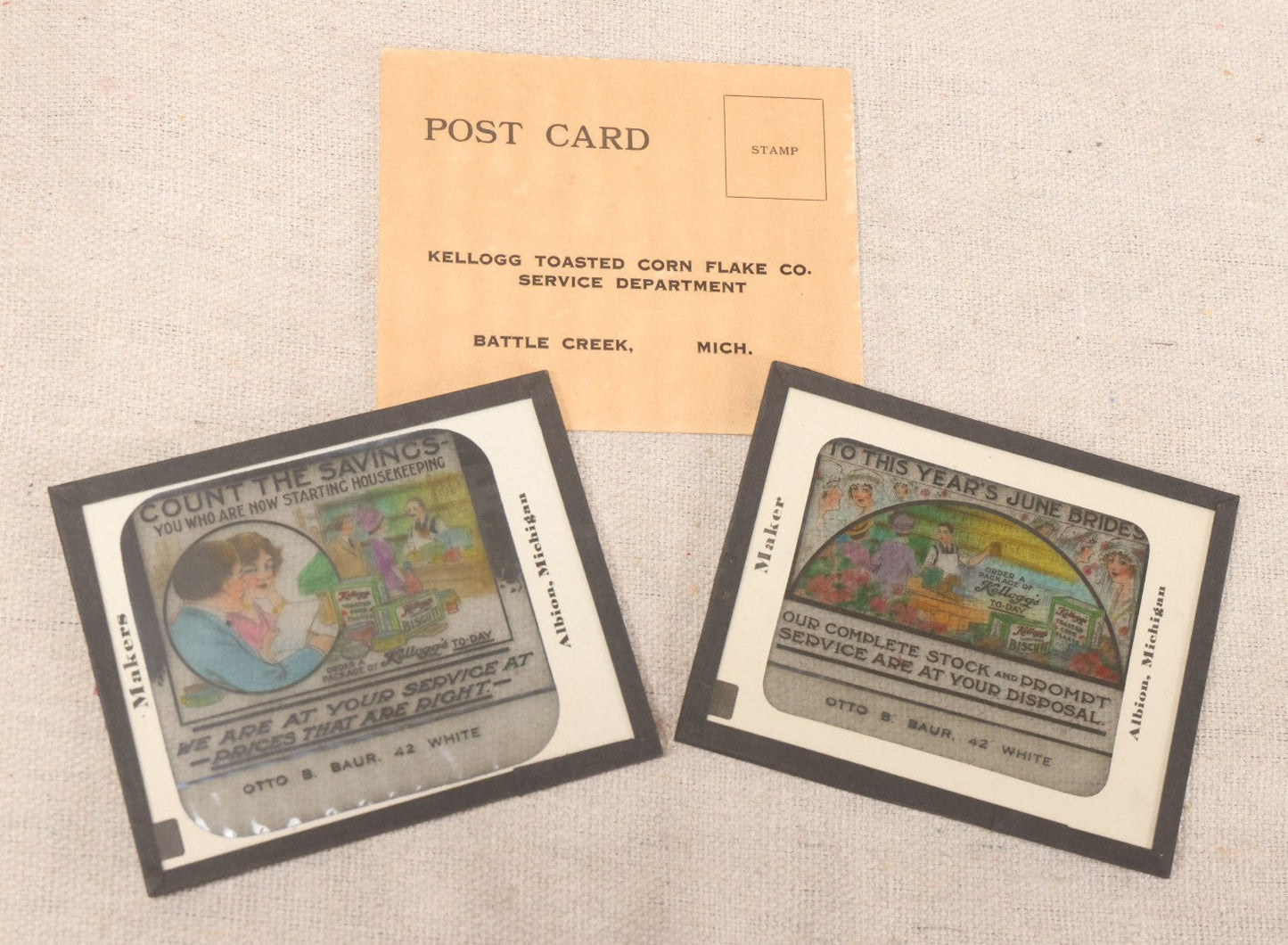 Lot 195 - Pair Of Antique 1914 Kellogg's Toasted Corn Flake Co. Advertising Glass Magic Lantern Slides With Postcard And Box, Globe Slide & Film Co., Albion, Michigan