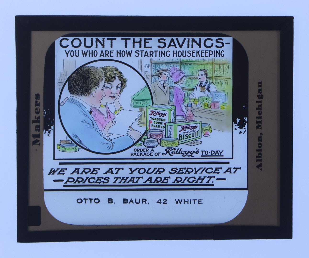 Lot 195 - Pair Of Antique 1914 Kellogg's Toasted Corn Flake Co. Advertising Glass Magic Lantern Slides With Postcard And Box, Globe Slide & Film Co., Albion, Michigan