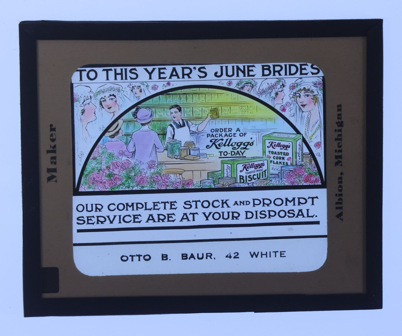 Lot 195 - Pair Of Antique 1914 Kellogg's Toasted Corn Flake Co. Advertising Glass Magic Lantern Slides With Postcard And Box, Globe Slide & Film Co., Albion, Michigan