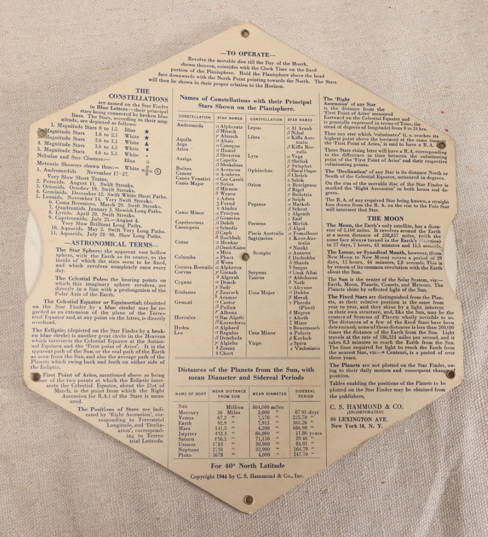 Lot 210 - Vintage Hammond's Handy Star Finder Planisphere With Original Envelope, Designed By Commander S. E. Stubbs, C. S. Hammond & Co., New York, 1944