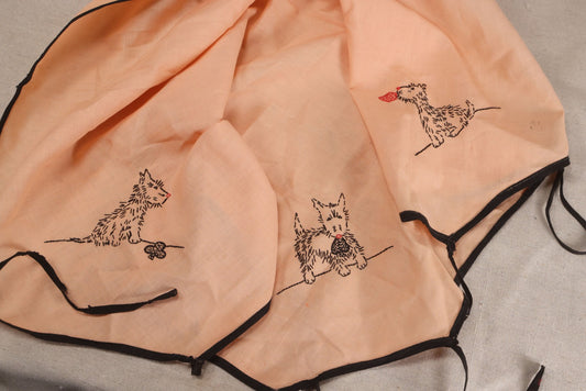 Lot 223 - Vintage Hand-Embroidered Card Table Cover With Scottie Dogs Holding Playing Card Suit Symbols, Black Binding With Corner Ties