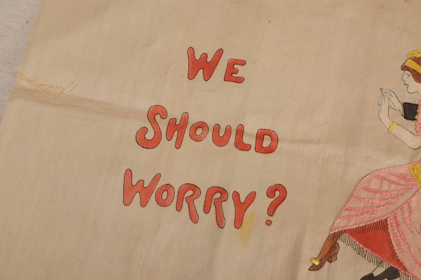 Lot 225 - Antique Unfinished Embroidered Pillow Top, "We Should Worry?" Dancing Couple, Richardson's Design No. 9005