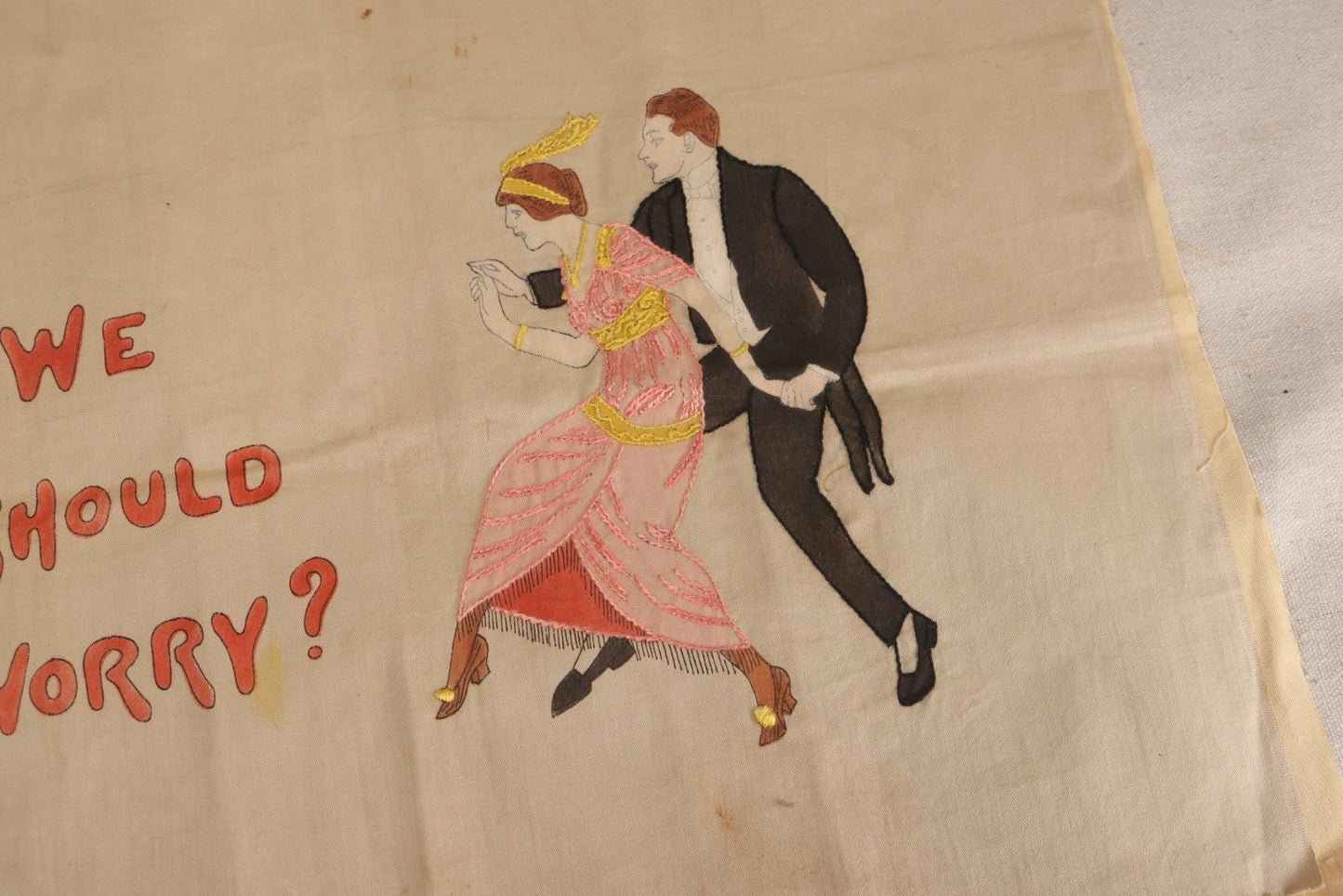 Lot 225 - Antique Unfinished Embroidered Pillow Top, "We Should Worry?" Dancing Couple, Richardson's Design No. 9005