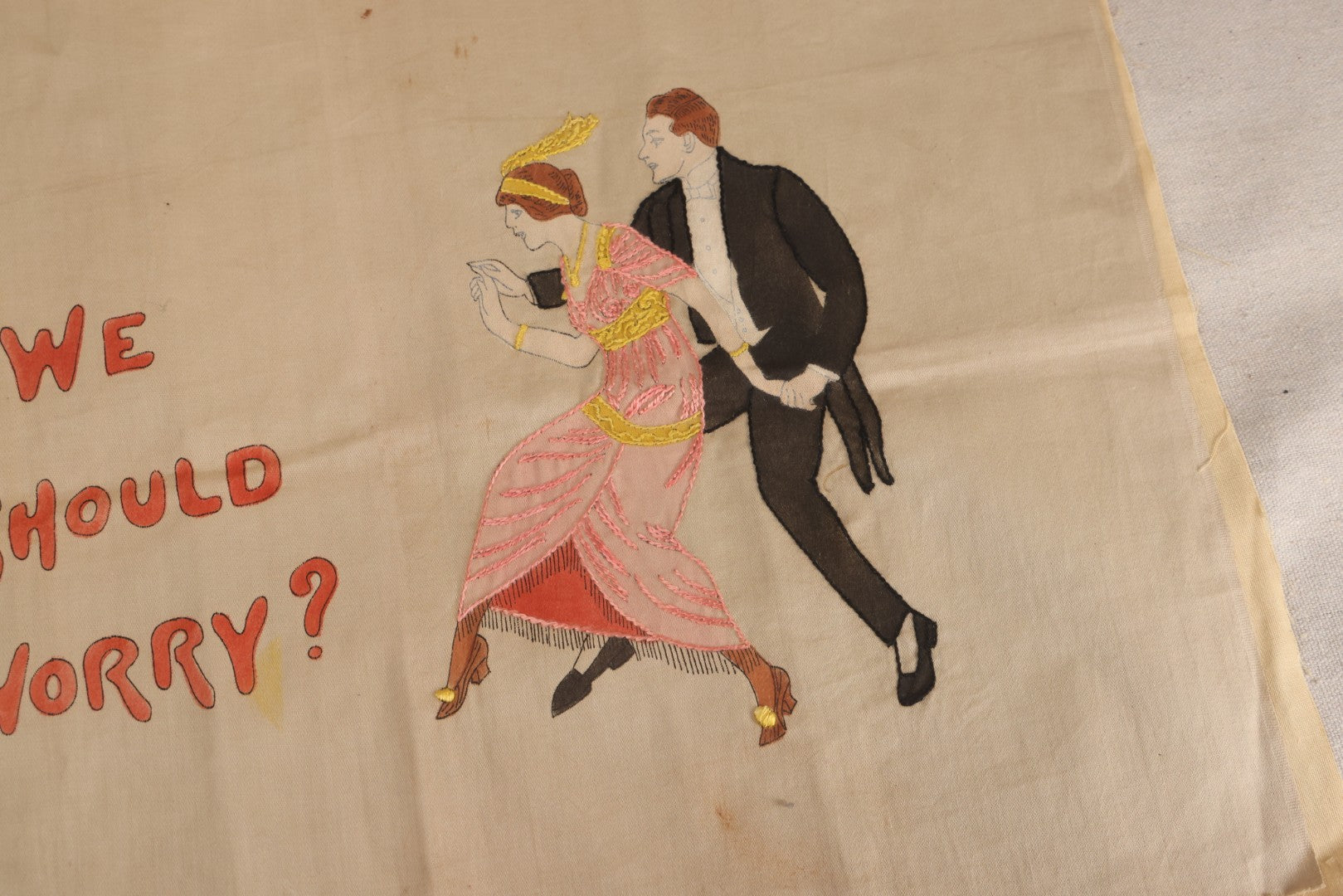 Lot 225 - Antique Unfinished Embroidered Pillow Top, "We Should Worry?" Dancing Couple, Richardson's Design No. 9005