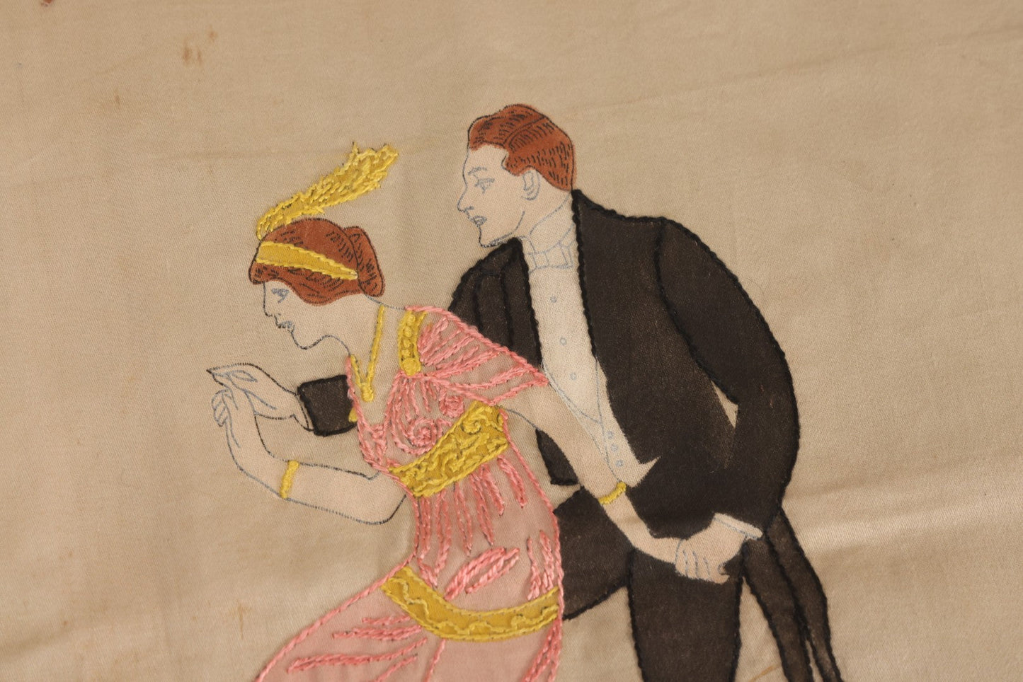 Lot 225 - Antique Unfinished Embroidered Pillow Top, "We Should Worry?" Dancing Couple, Richardson's Design No. 9005