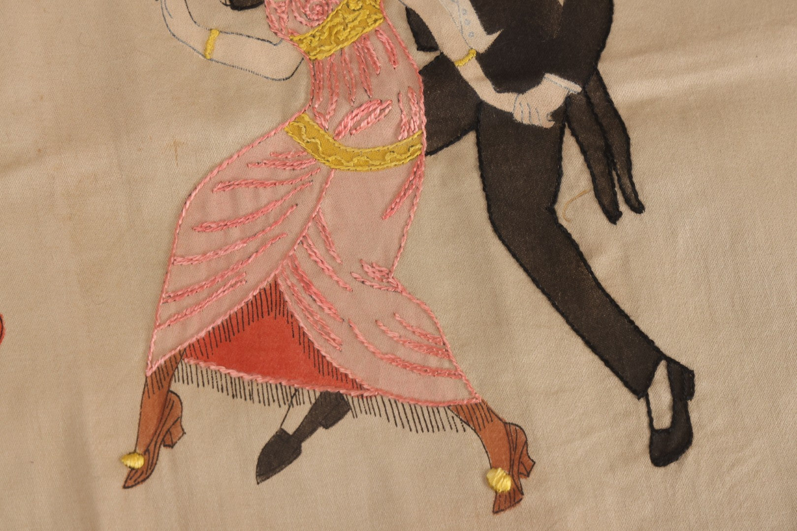 Lot 225 - Antique Unfinished Embroidered Pillow Top, "We Should Worry?" Dancing Couple, Richardson's Design No. 9005