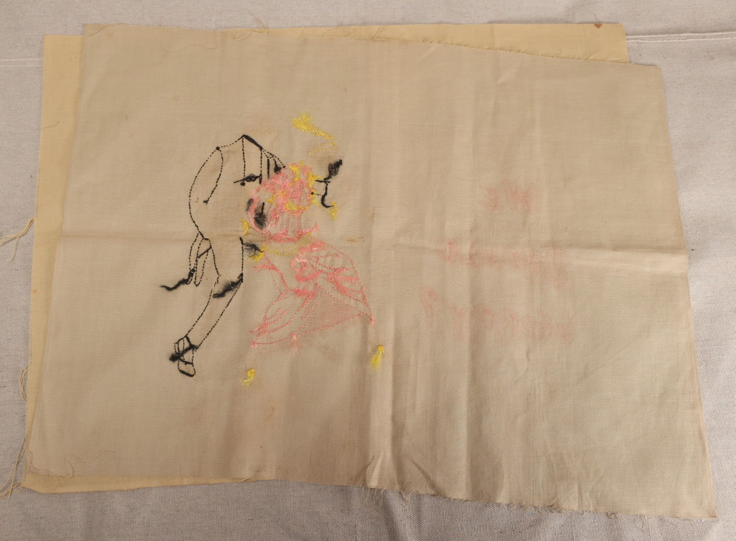 Lot 225 - Antique Unfinished Embroidered Pillow Top, "We Should Worry?" Dancing Couple, Richardson's Design No. 9005