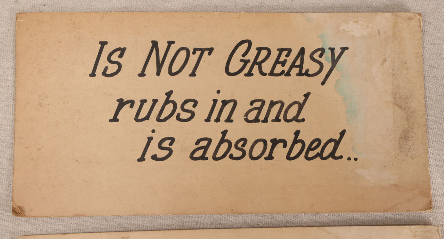 Lot 237 - Pair Of Vintage Hand-Lettered Pharmacy Advertising Signs, "Rub On Chest For Colds Or Pneumonia" And "Is Not Greasy"