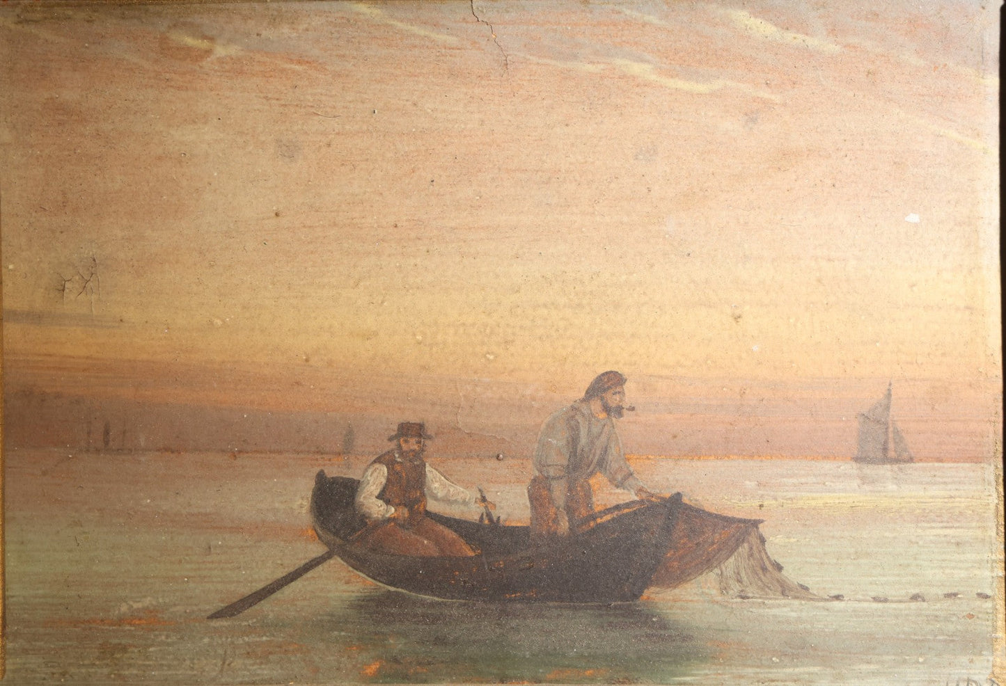 Lot 004 - Antique Oil Painting On Board, Two Fishermen Hauling A Net From A Rowboat At Sunset, Sailboat On The Horizon, In Gilt Frame