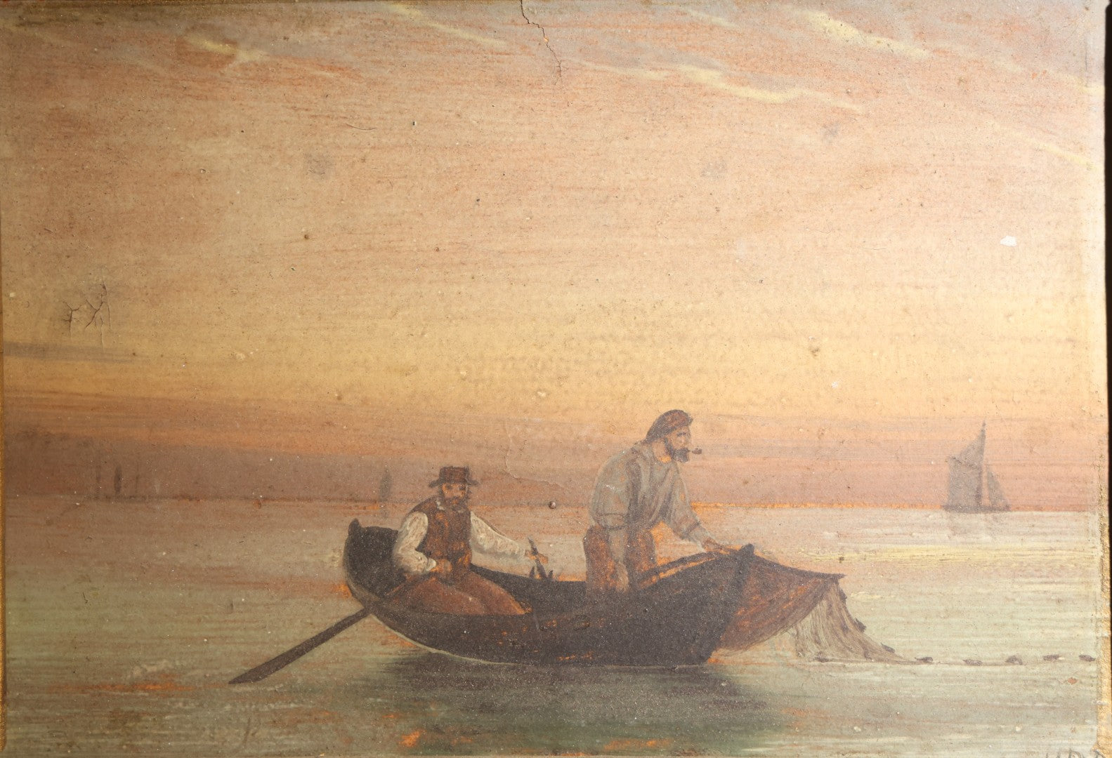 Lot 004 - Antique Oil Painting On Board, Two Fishermen Hauling A Net From A Rowboat At Sunset, Sailboat On The Horizon, In Gilt Frame