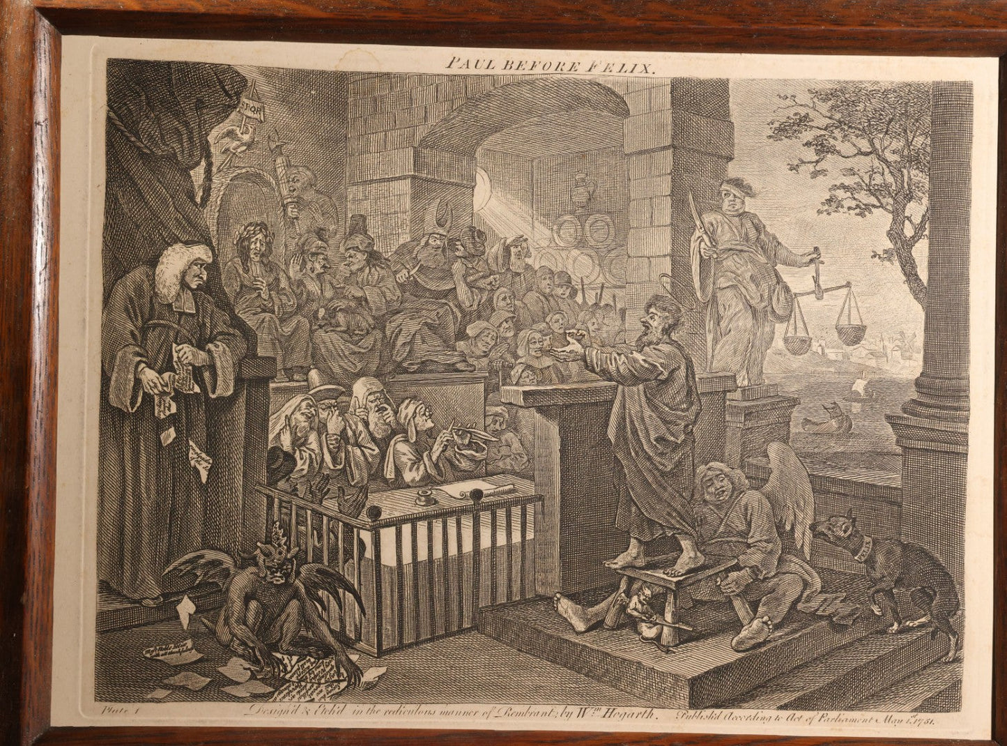 Lot 005 - Antique Engraving Print, "Paul Before Felix," Plate 1, By William Hogarth (English, 1697-1764), "Etched In The Ridiculous Manner Of Rembrandt," Courtroom Scene With Devil, Justice, And Apostle Paul, Published 1751, Trimmed, Wood Frame