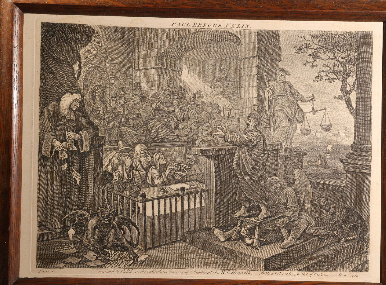 Lot 005 - Antique Engraving Print, "Paul Before Felix," Plate 1, By William Hogarth (English, 1697-1764), "Etched In The Ridiculous Manner Of Rembrandt," Courtroom Scene With Devil, Justice, And Apostle Paul, Published 1751, Trimmed, Wood Frame