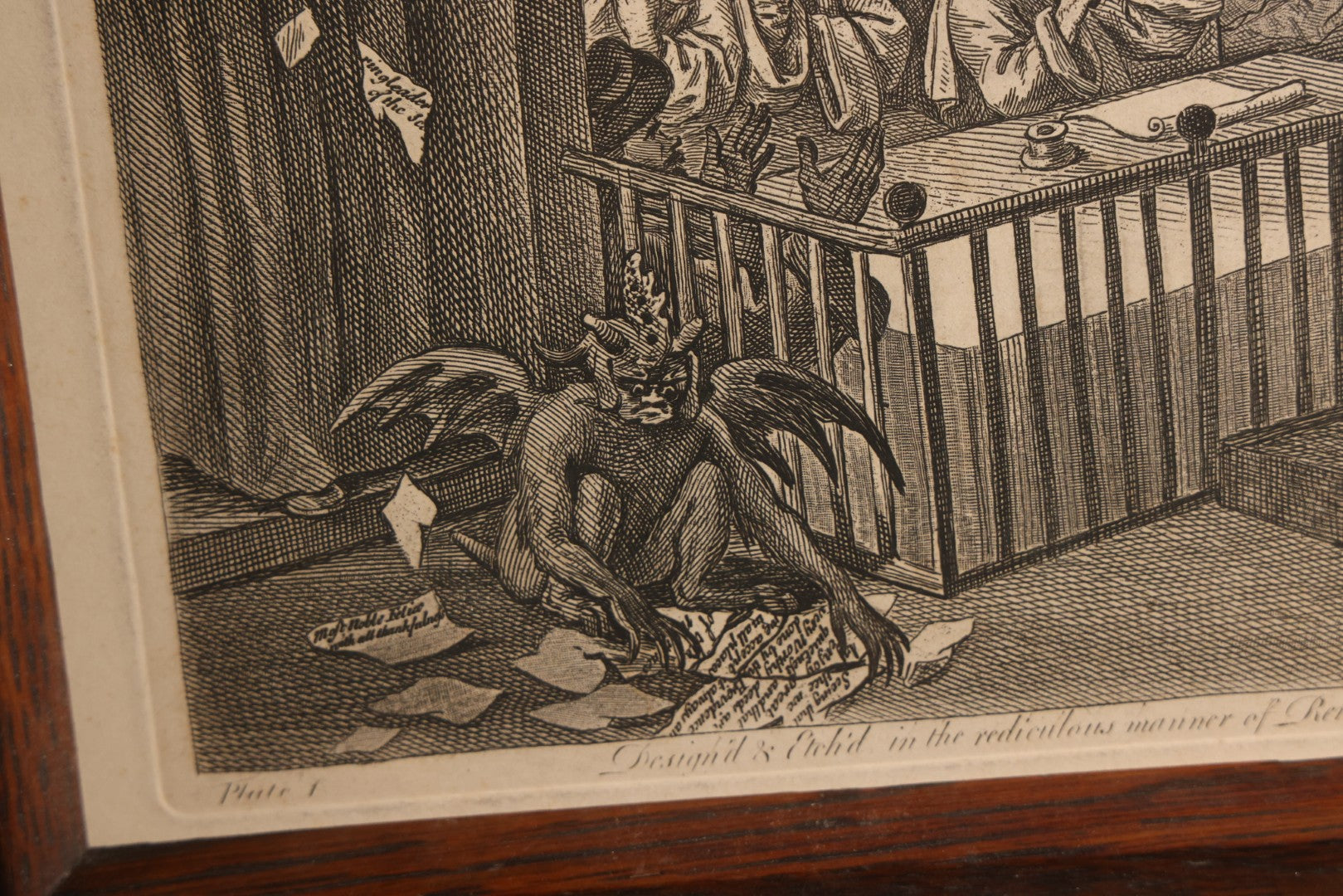 Lot 005 - Antique Engraving Print, "Paul Before Felix," Plate 1, By William Hogarth (English, 1697-1764), "Etched In The Ridiculous Manner Of Rembrandt," Courtroom Scene With Devil, Justice, And Apostle Paul, Published 1751, Trimmed, Wood Frame