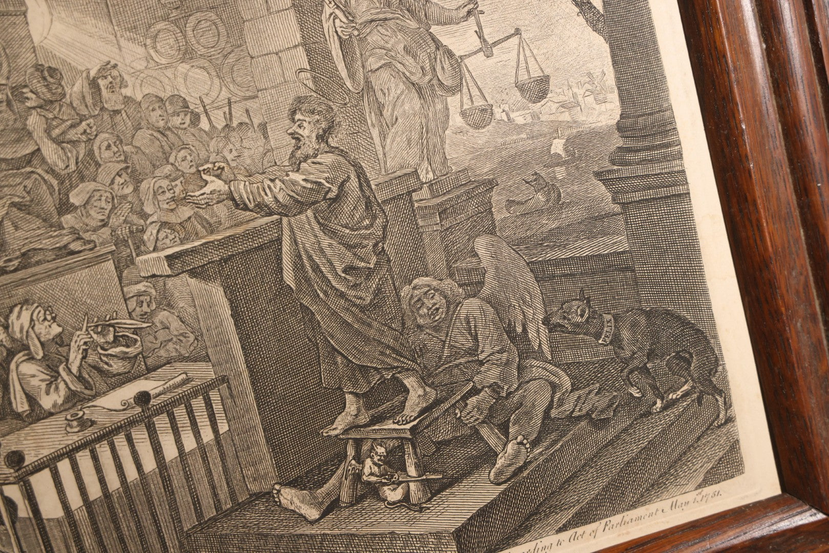 Lot 005 - Antique Engraving Print, "Paul Before Felix," Plate 1, By William Hogarth (English, 1697-1764), "Etched In The Ridiculous Manner Of Rembrandt," Courtroom Scene With Devil, Justice, And Apostle Paul, Published 1751, Trimmed, Wood Frame