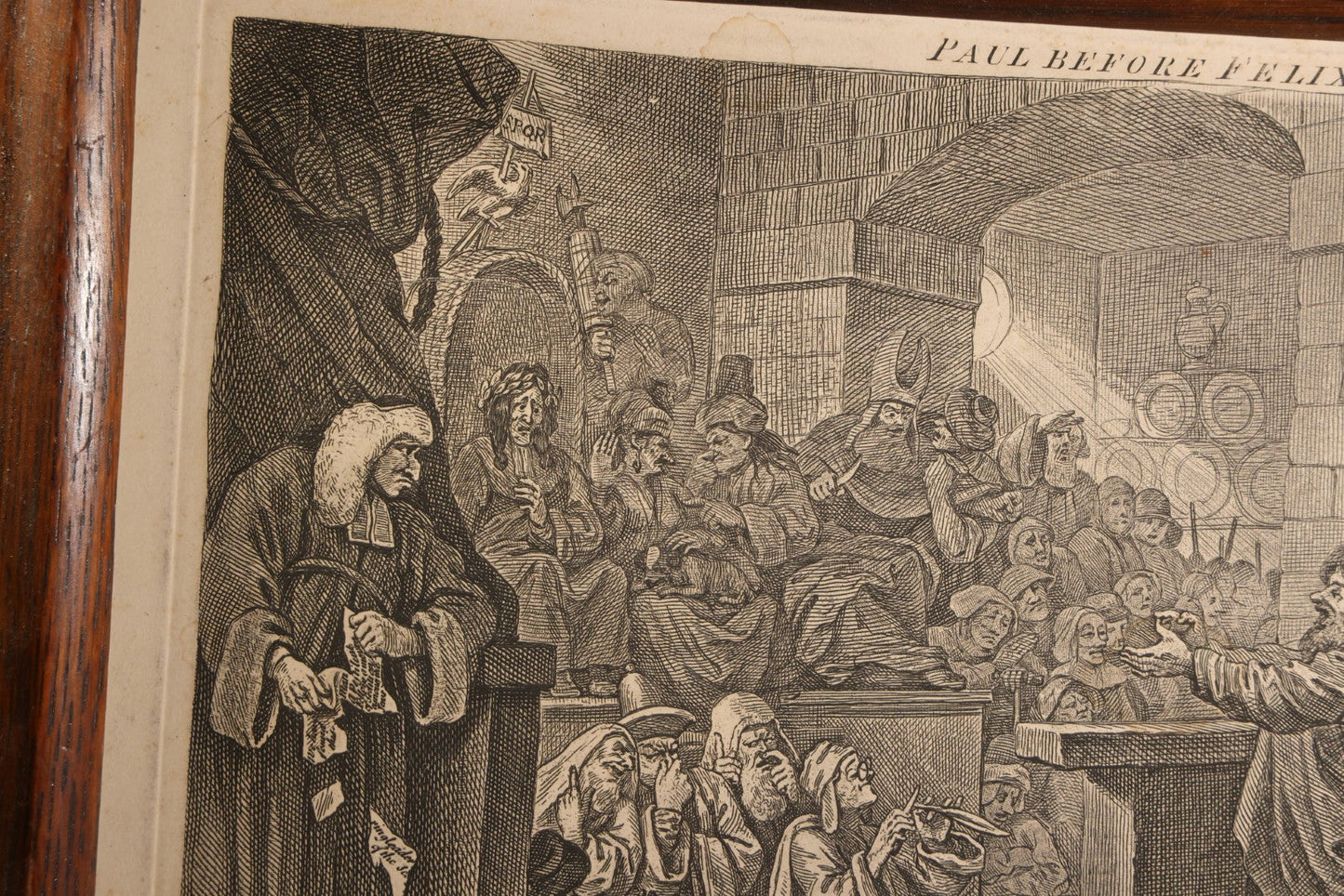 Lot 005 - Antique Engraving Print, "Paul Before Felix," Plate 1, By William Hogarth (English, 1697-1764), "Etched In The Ridiculous Manner Of Rembrandt," Courtroom Scene With Devil, Justice, And Apostle Paul, Published 1751, Trimmed, Wood Frame