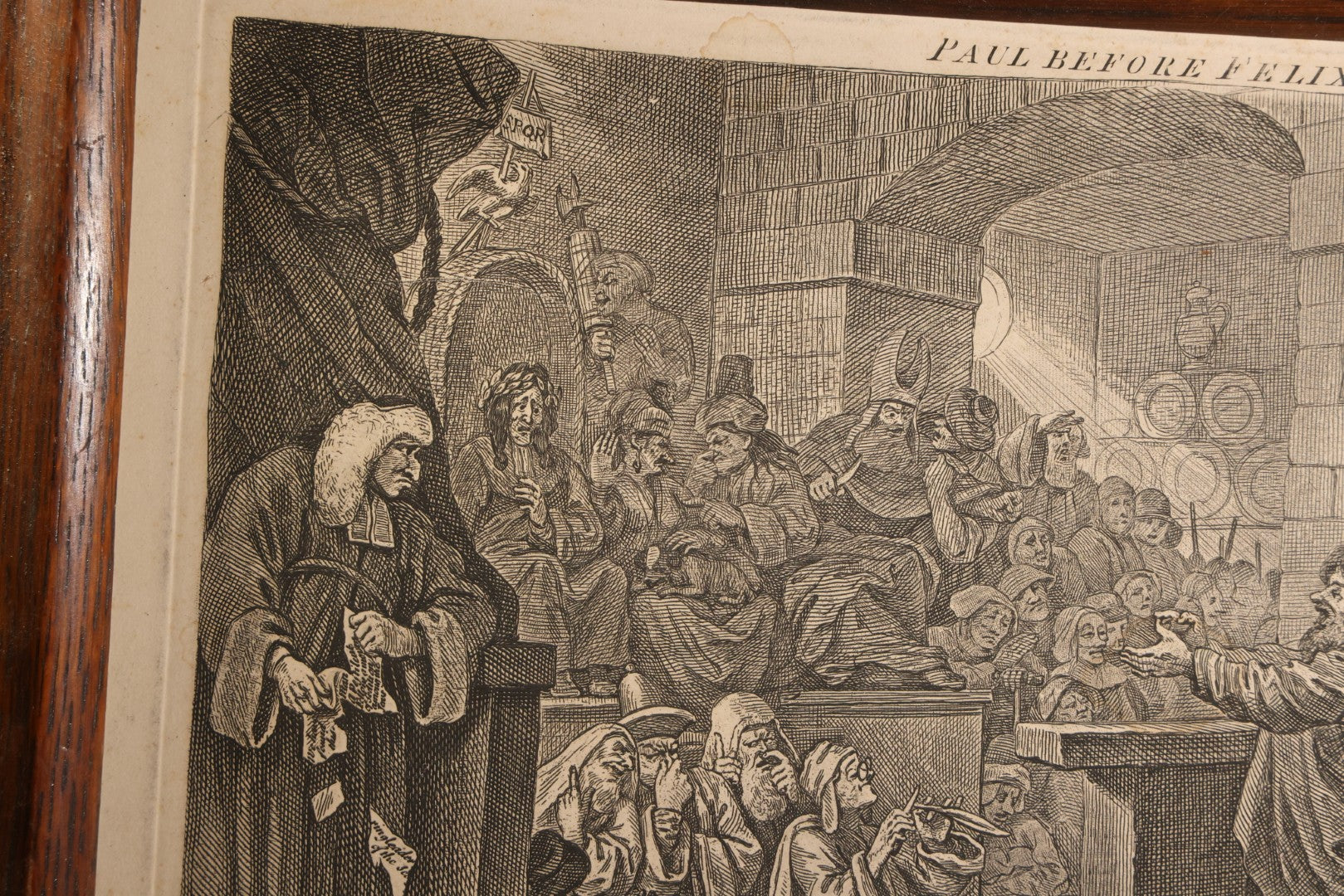 Lot 005 - Antique Engraving Print, "Paul Before Felix," Plate 1, By William Hogarth (English, 1697-1764), "Etched In The Ridiculous Manner Of Rembrandt," Courtroom Scene With Devil, Justice, And Apostle Paul, Published 1751, Trimmed, Wood Frame