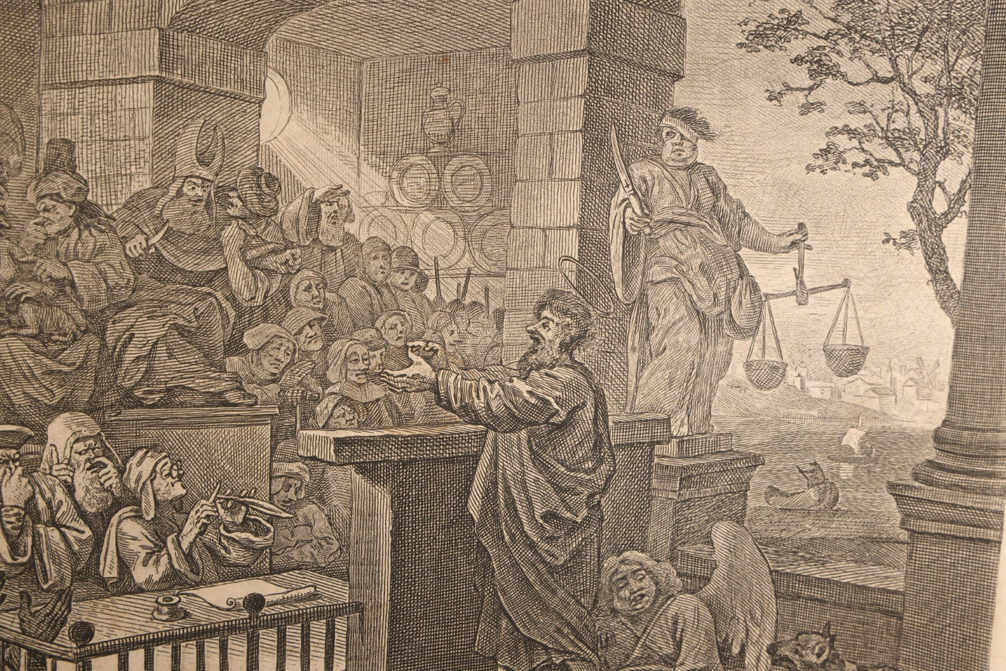Lot 005 - Antique Engraving Print, "Paul Before Felix," Plate 1, By William Hogarth (English, 1697-1764), "Etched In The Ridiculous Manner Of Rembrandt," Courtroom Scene With Devil, Justice, And Apostle Paul, Published 1751, Trimmed, Wood Frame