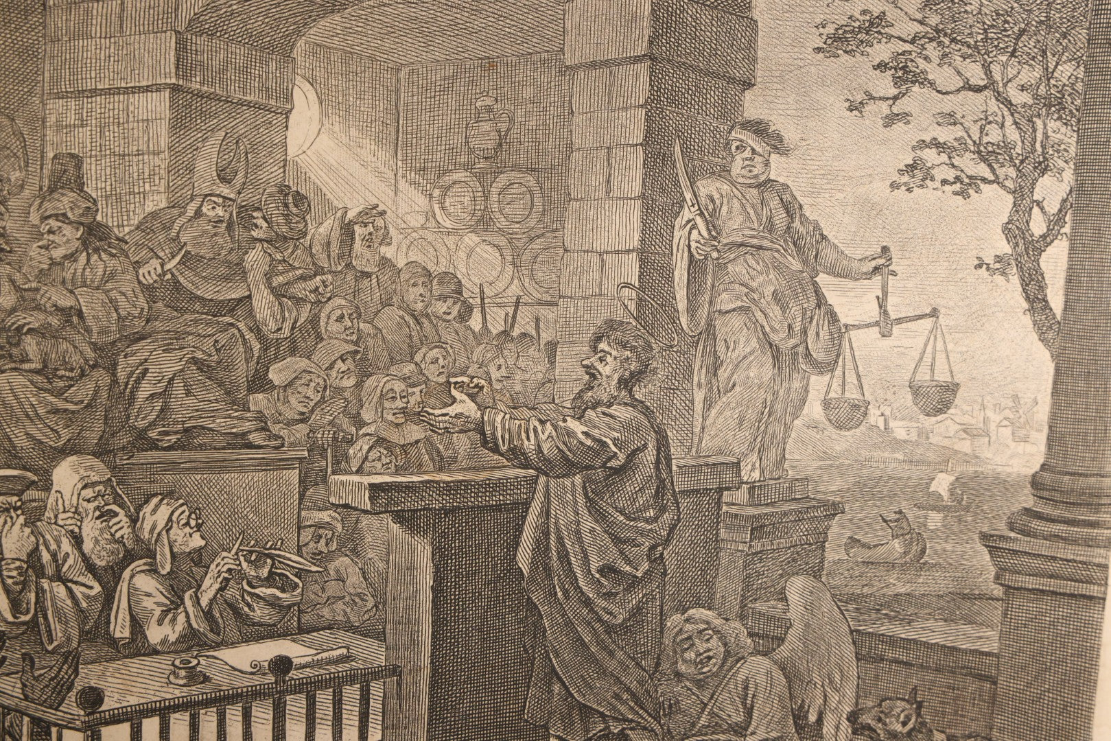 Lot 005 - Antique Engraving Print, "Paul Before Felix," Plate 1, By William Hogarth (English, 1697-1764), "Etched In The Ridiculous Manner Of Rembrandt," Courtroom Scene With Devil, Justice, And Apostle Paul, Published 1751, Trimmed, Wood Frame