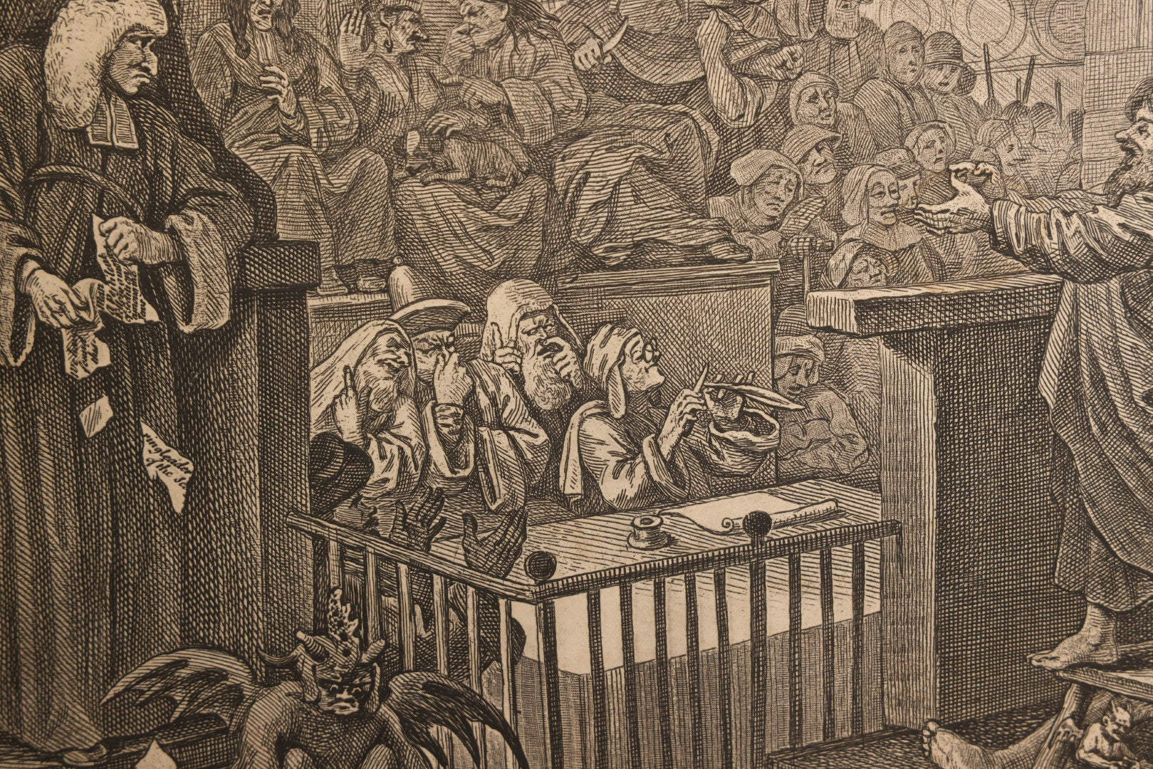 Lot 005 - Antique Engraving Print, "Paul Before Felix," Plate 1, By William Hogarth (English, 1697-1764), "Etched In The Ridiculous Manner Of Rembrandt," Courtroom Scene With Devil, Justice, And Apostle Paul, Published 1751, Trimmed, Wood Frame