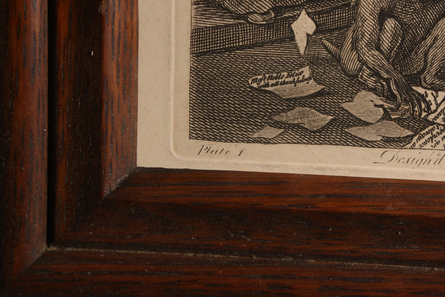 Lot 005 - Antique Engraving Print, "Paul Before Felix," Plate 1, By William Hogarth (English, 1697-1764), "Etched In The Ridiculous Manner Of Rembrandt," Courtroom Scene With Devil, Justice, And Apostle Paul, Published 1751, Trimmed, Wood Frame