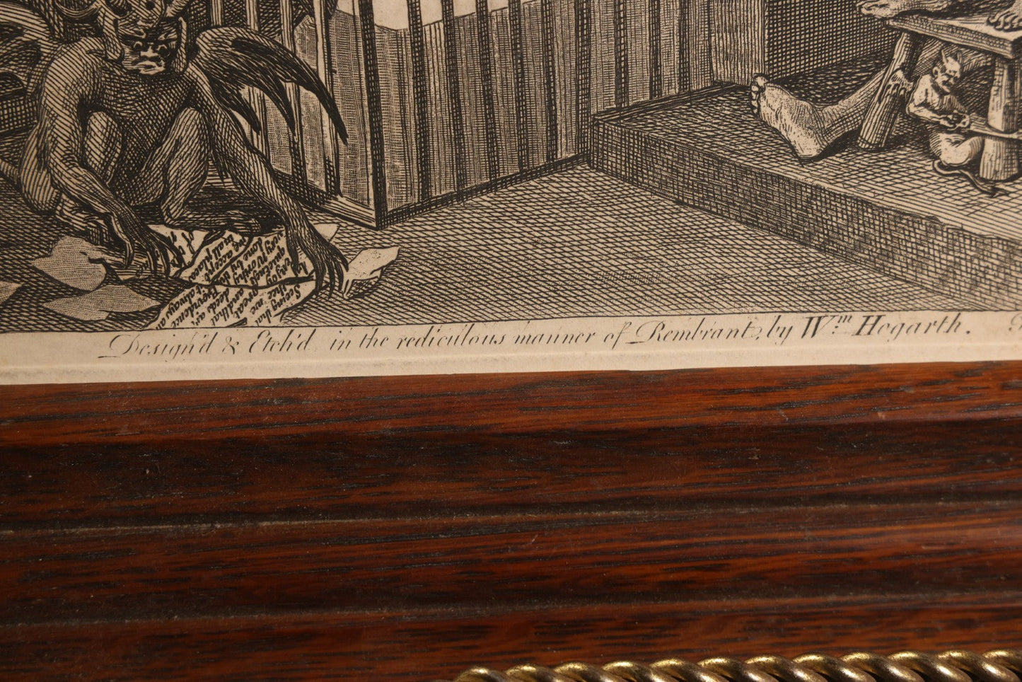 Lot 005 - Antique Engraving Print, "Paul Before Felix," Plate 1, By William Hogarth (English, 1697-1764), "Etched In The Ridiculous Manner Of Rembrandt," Courtroom Scene With Devil, Justice, And Apostle Paul, Published 1751, Trimmed, Wood Frame