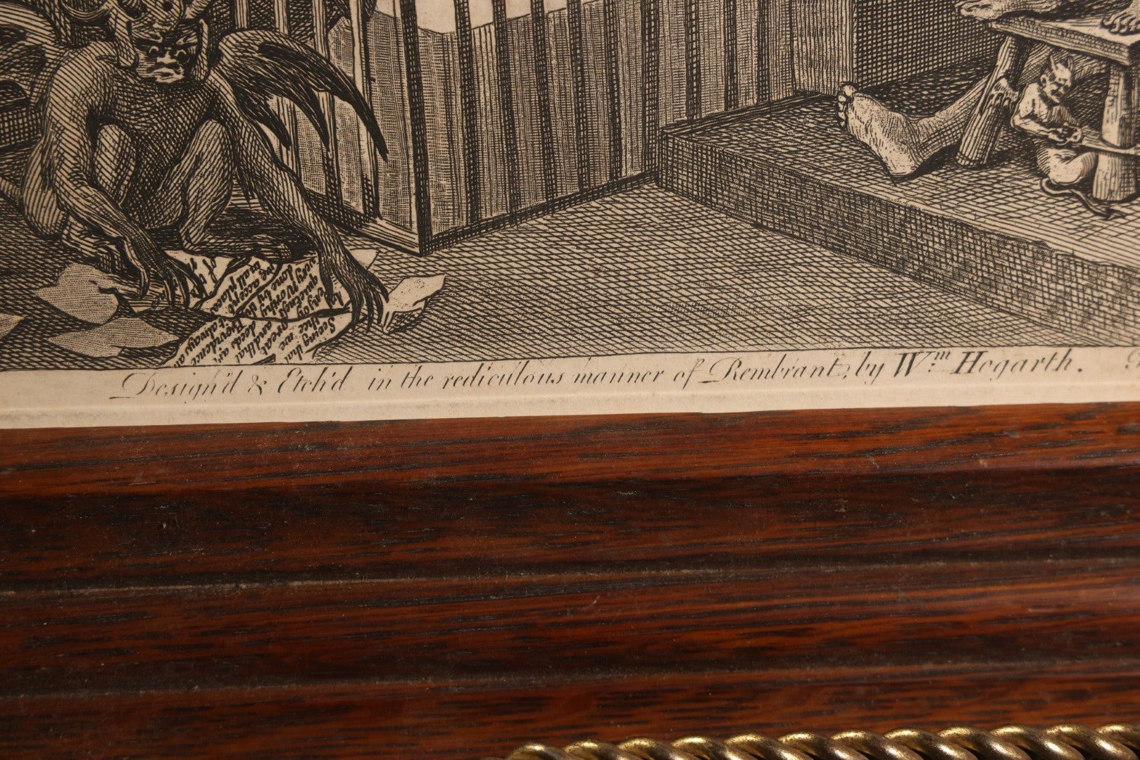 Lot 005 - Antique Engraving Print, "Paul Before Felix," Plate 1, By William Hogarth (English, 1697-1764), "Etched In The Ridiculous Manner Of Rembrandt," Courtroom Scene With Devil, Justice, And Apostle Paul, Published 1751, Trimmed, Wood Frame