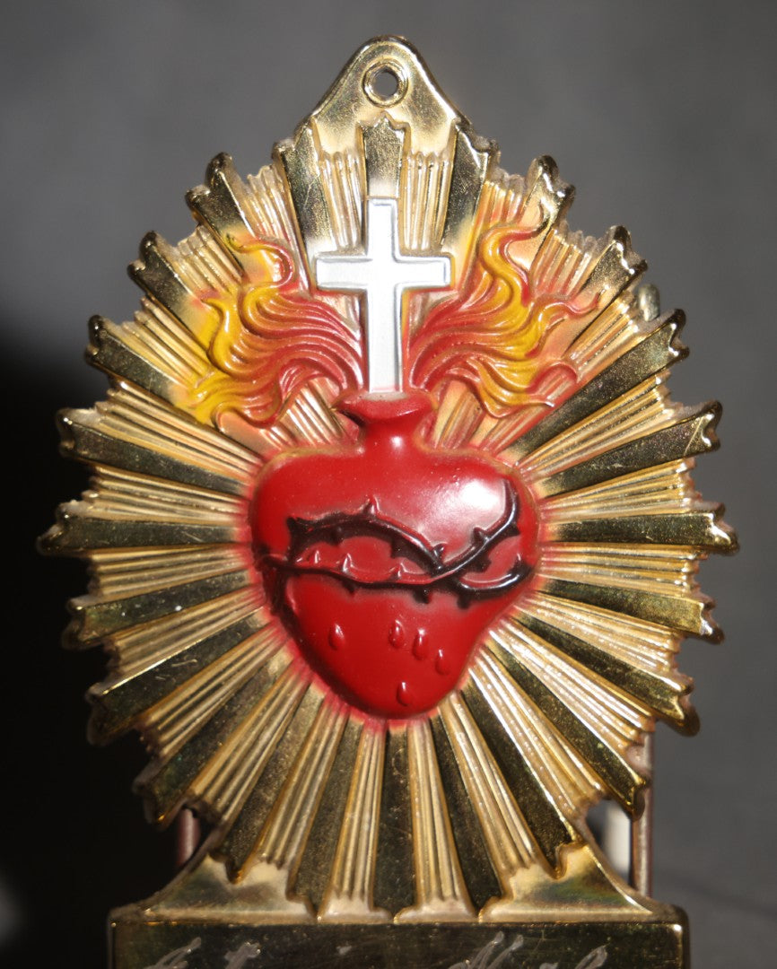 Lot 006 - Vintage Polychrome Sacred Heart Casket Plaque, Engraved "Antonina Narkum Sept. 18, 1961," Cross, Crown Of Thorns, And Flame Motif