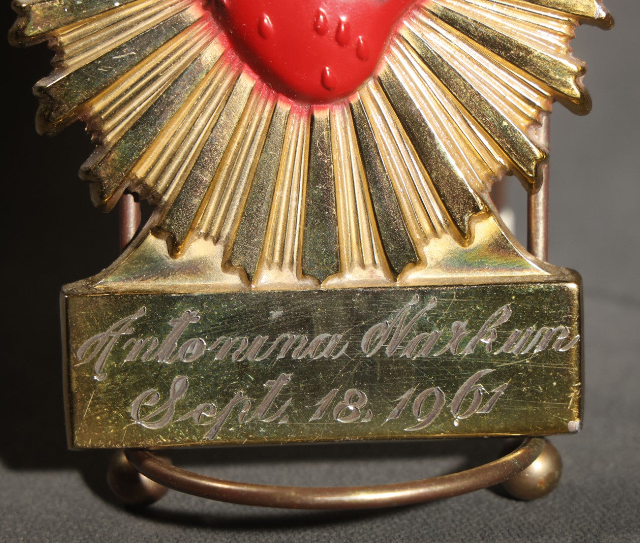 Lot 006 - Vintage Polychrome Sacred Heart Casket Plaque, Engraved "Antonina Narkum Sept. 18, 1961," Cross, Crown Of Thorns, And Flame Motif