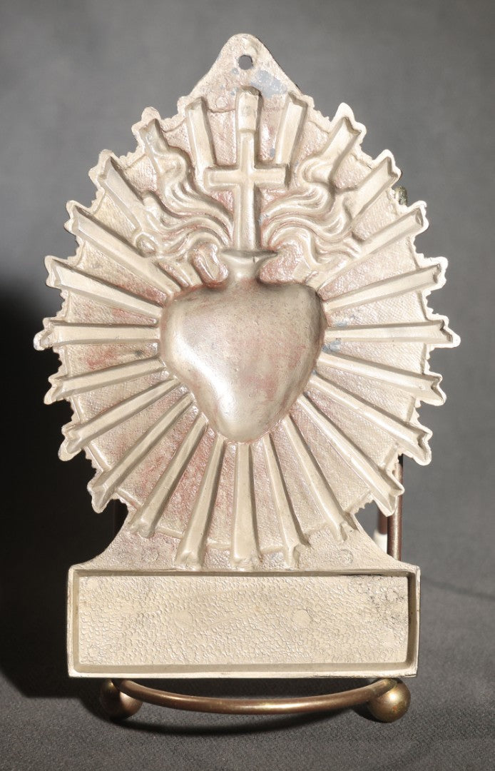 Lot 006 - Vintage Polychrome Sacred Heart Casket Plaque, Engraved "Antonina Narkum Sept. 18, 1961," Cross, Crown Of Thorns, And Flame Motif