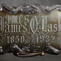 Lot 007 - Vintage Engraved Casket Plaque, "James O. Dash, 1850-1932," Blackletter Script With Scrollwork Border