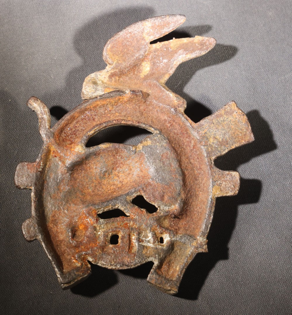 Lot 020 - Antique Cast Iron Independent Order Of Odd Fellows I.O.O.F.. Ornament, Horseshoe With Three Links F.L.T., Hand, Bird, And Flanking Tools, Note Loss To Lower Left