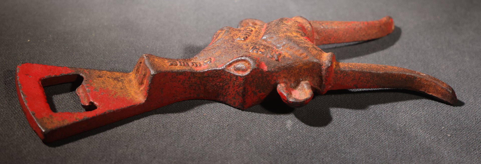 Lot 021 - Vintage Cast Iron Figural Bull Head Bottle Opener Advertising Long Horn Beer With Red-Painted Finish