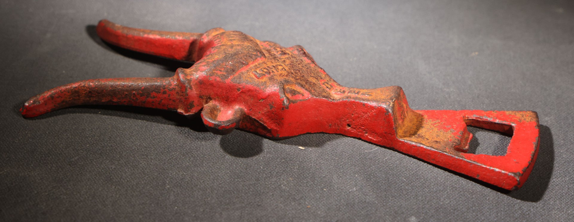Lot 021 - Vintage Cast Iron Figural Bull Head Bottle Opener Advertising Long Horn Beer With Red-Painted Finish