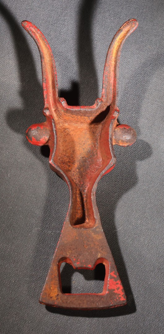 Lot 021 - Vintage Cast Iron Figural Bull Head Bottle Opener Advertising Long Horn Beer With Red-Painted Finish