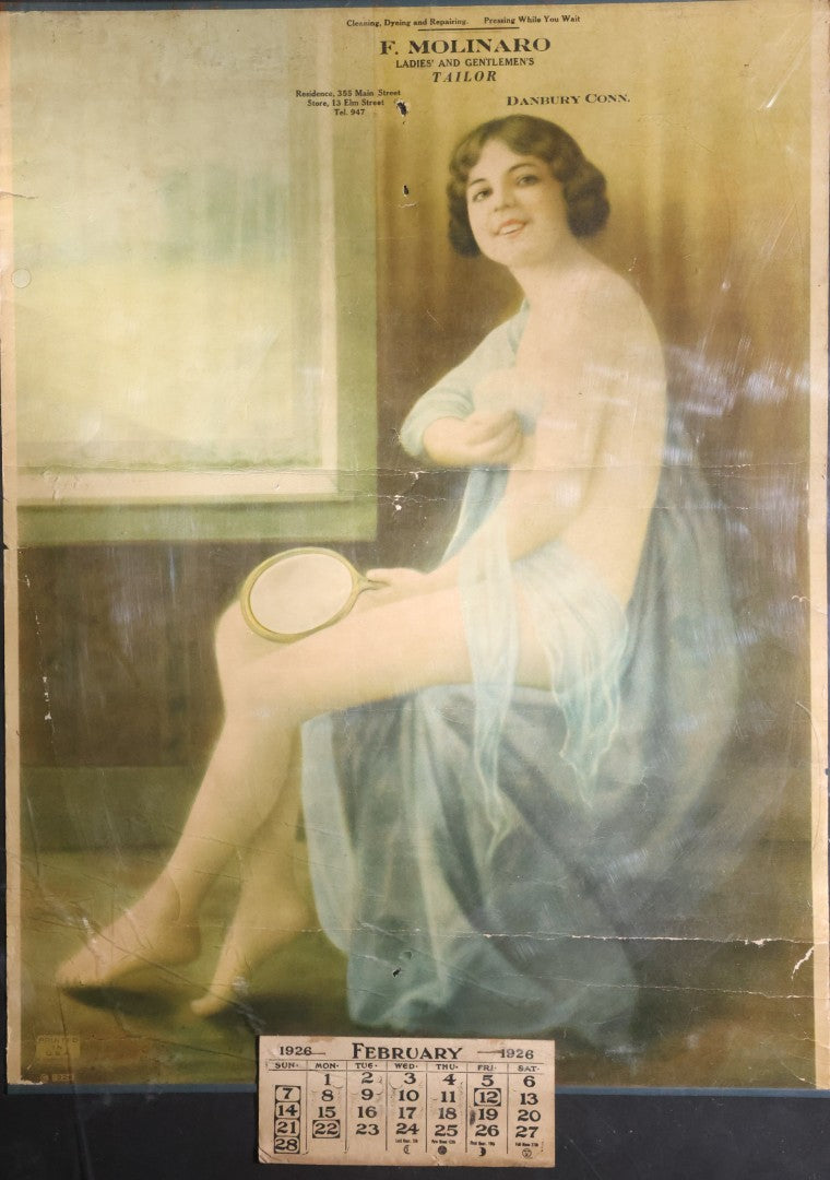 Lot 023 - Antique 1926 F. Molinaro Ladies' And Gentlemen's Tailor Advertising Pin-Up Calendar, Danbury, Connecticut, In Modern Plastic Box Frame