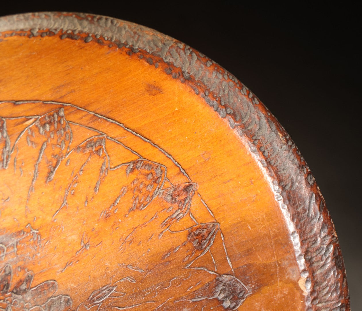 Lot 026 - Antique Pyrography Wood Plaque, Portrait Of A Native American Figure In War Bonnet, Chip-Carved Border, 13-3/8" x 13-1/8"