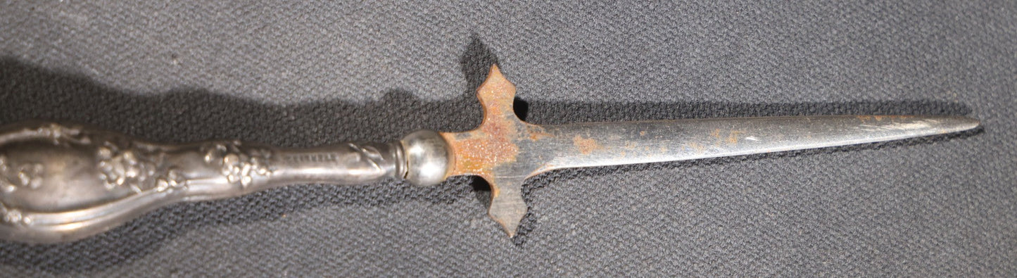 Lot 029 - Antique Sterling Silver-Handled Sword-Form Letter Opener With Floral Repousse Handle And Cross Guard