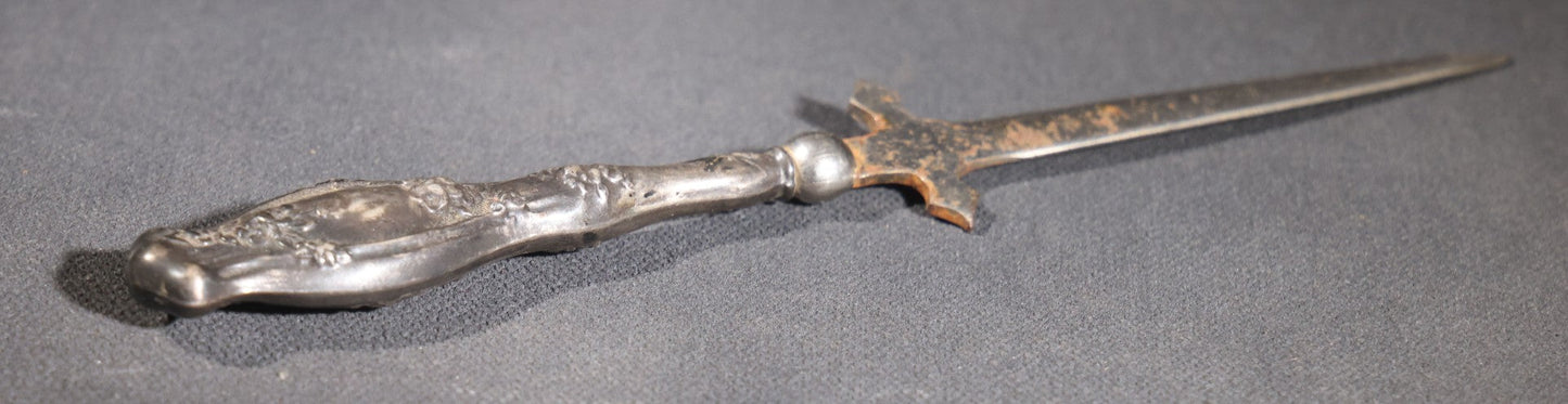 Lot 029 - Antique Sterling Silver-Handled Sword-Form Letter Opener With Floral Repousse Handle And Cross Guard
