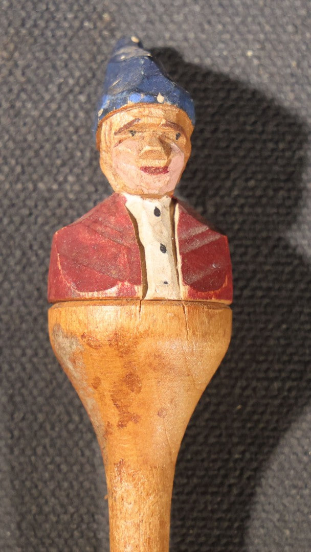 Lot 033 - Vintage Folk Art Hand-Carved And Painted Wooden Spoon With Figural Handle Of A Man In A Blue Cap And Red Jacket