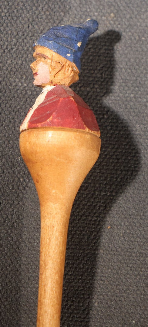 Lot 033 - Vintage Folk Art Hand-Carved And Painted Wooden Spoon With Figural Handle Of A Man In A Blue Cap And Red Jacket