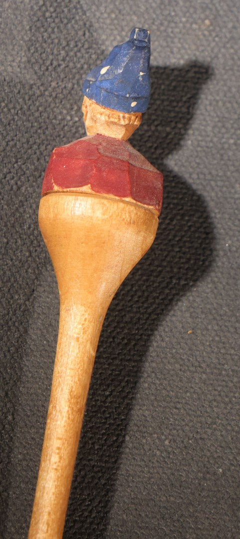 Lot 033 - Vintage Folk Art Hand-Carved And Painted Wooden Spoon With Figural Handle Of A Man In A Blue Cap And Red Jacket