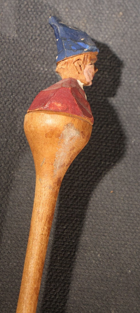 Lot 033 - Vintage Folk Art Hand-Carved And Painted Wooden Spoon With Figural Handle Of A Man In A Blue Cap And Red Jacket