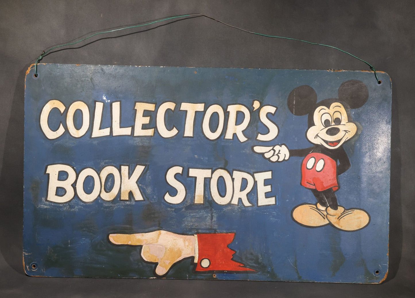 Lot 042 - Vintage Hand-Painted "Collector's Book Store" Sign With Mickey Mouse And Pointing Hand On Hardboard Panel