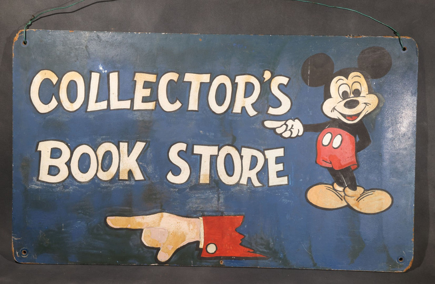 Lot 042 - Vintage Hand-Painted "Collector's Book Store" Sign With Mickey Mouse And Pointing Hand On Hardboard Panel
